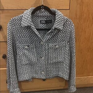 ZARA Navy and White Tweed Cropped Blazer